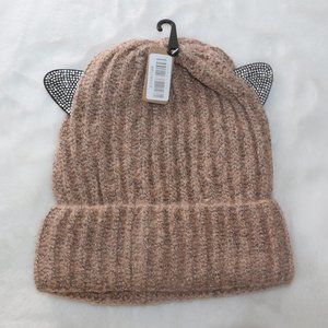 Pink Rhinestone Cat Ears Glitter Woven Knit Beanie